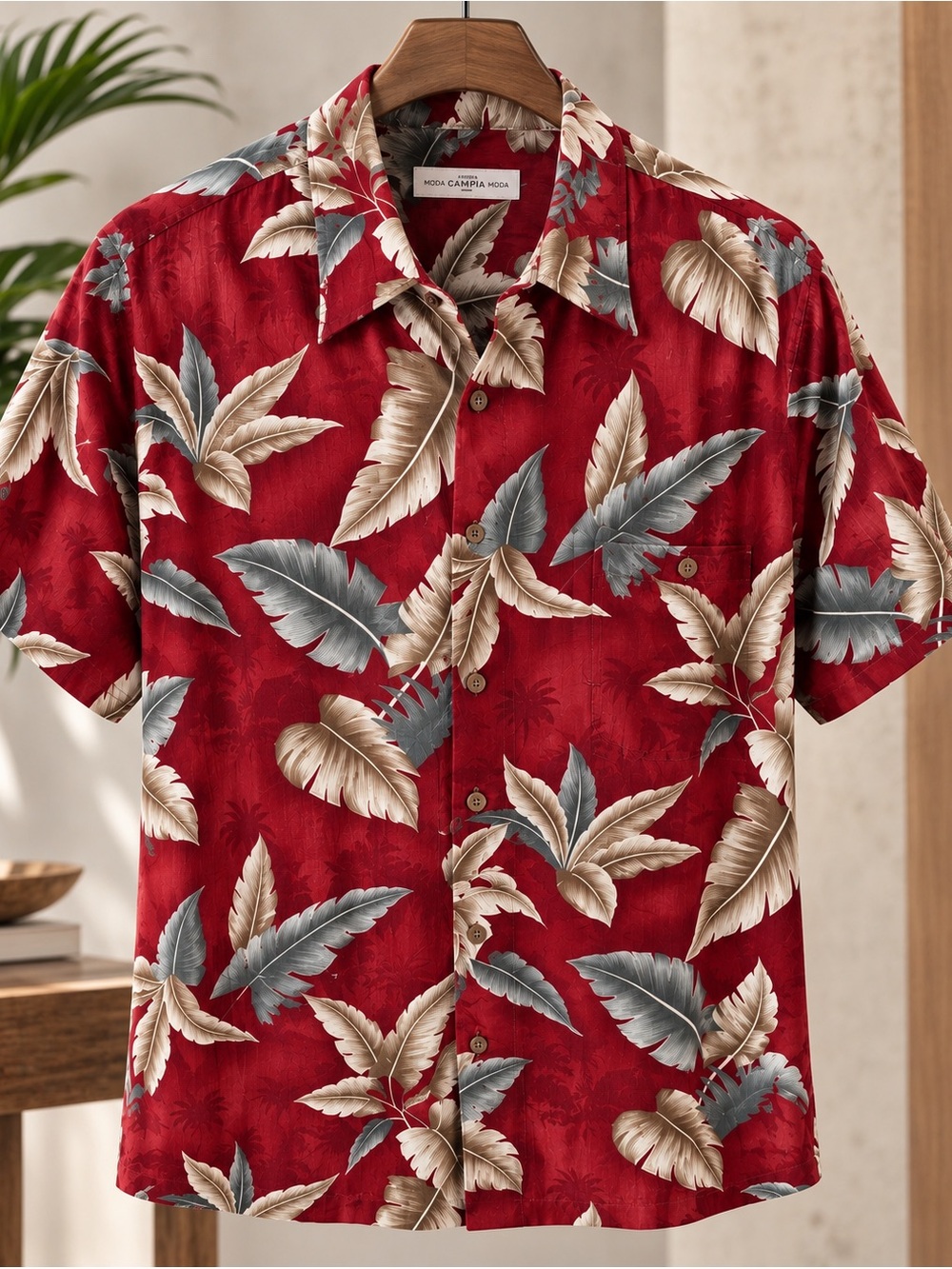 Red Tropical Leaf Print Short-Sleeve Shirt